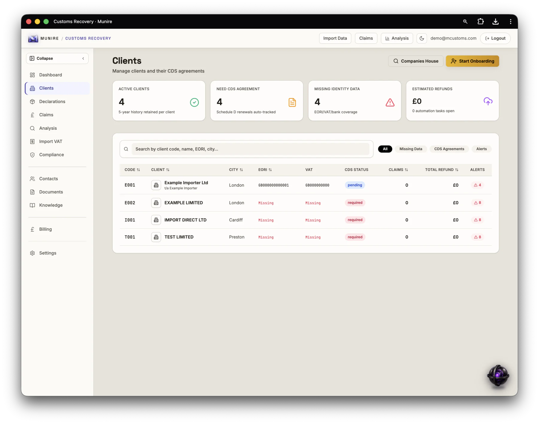 Munire Customs multi-client workspace using illustrative data