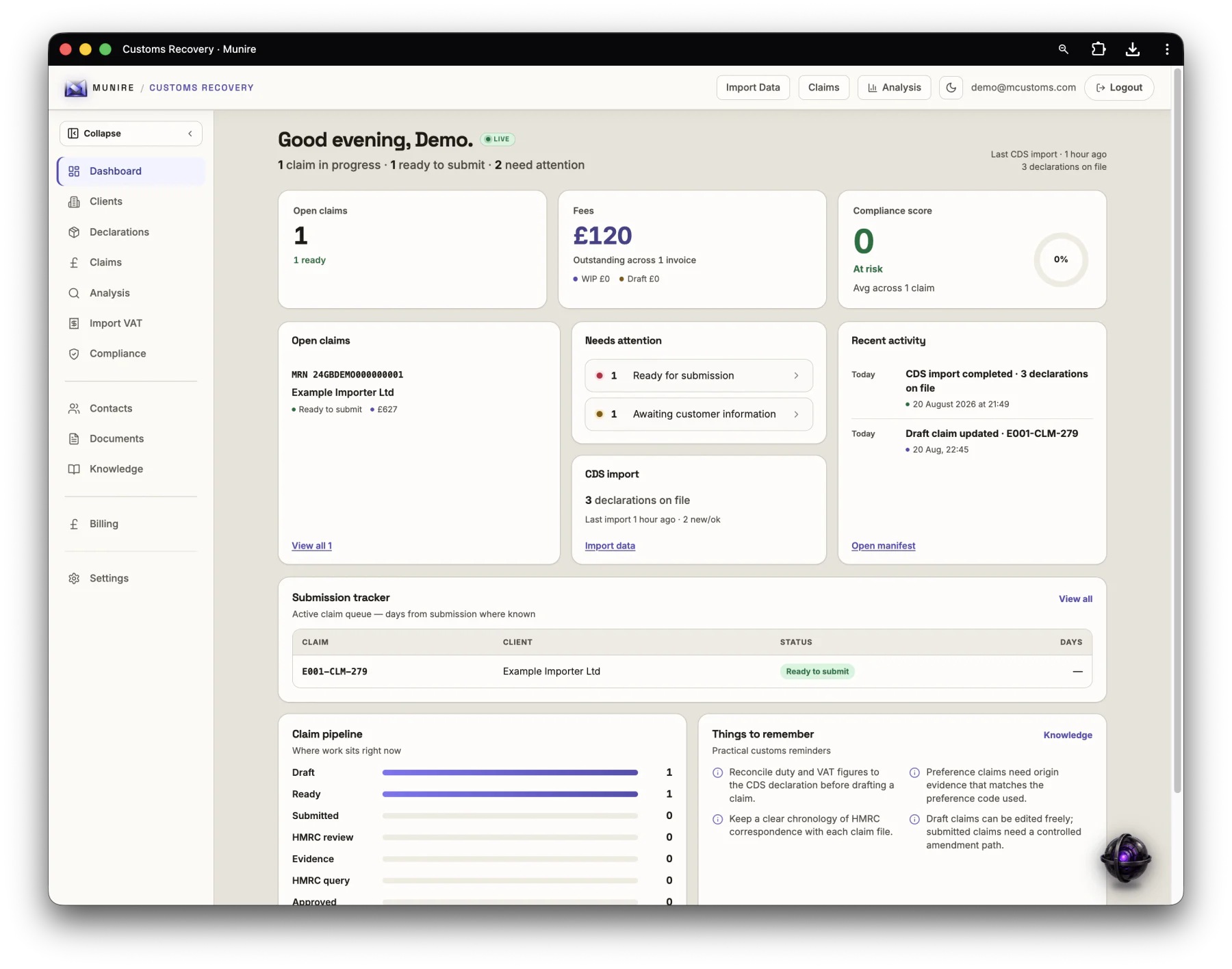 Munire Customs dashboard showing claims, declarations, compliance and client workflow using illustrative data